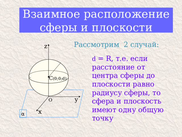 Взаимное расположение сферы и плоскости Рассмотрим 2 случай: z d = R, т.е. если расстояние от центра сферы до плоскости равно радиусу сферы, то сфера и плоскость имеют одну общую точку C (0;0;d) у O х α 