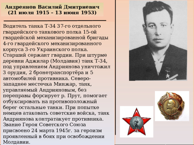 Андреянов Василий Дмитриевич (21 июля 1915 – 13 июня 1953) Водитель танка Т-34 37-го отдельного гвардейского танкового полка 15-ой гвардейской механизированной бригады 4-го гвардейского механизированного корпуса 3-го Украинского полка. Старший сержант гвардии. При штурме деревни Аджилар (Молдавия) танк Т-34, под управлением Андриянова уничтожил 3 орудия, 2 бронетранспортёра и 5 автомобилей противника. Северо-западнее местечка Минжар, танк, управляемый Андрияновым, без переправы форсирует р. Прут, помогает отбуксировать на противоположный берег остальные танки. При попытке немцев атаковать советские войска, танк Андриянова контратакует противника. Звание Героя Советского Союза присвоено 24 марта 1945г. за героизм проявленный в боях при освобождении Молдавии. Награждён орденами Ленина, Красной звезды, медалью «За боевые заслуги». 