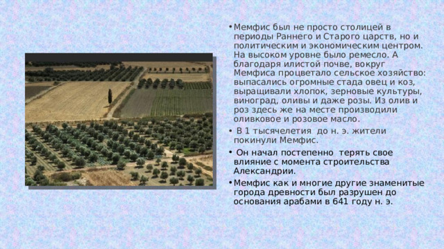 Мемфис был не просто столицей в периоды Раннего и Старого царств, но и политическим и экономическим центром. На высоком уровне было ремесло. А благодаря илистой почве, вокруг Мемфиса процветало сельское хозяйство: выпасались огромные стада овец и коз, выращивали хлопок, зерновые культуры, виноград, оливы и даже розы. Из олив и роз здесь же на месте производили оливковое и розовое масло.  В 1 тысячелетия до н. э. жители покинули Мемфис.  Он начал постепенно  терять свое влияние с момента строительства Александрии. Мемфис как и многие другие знаменитые города древности был разрушен до основания арабами в 641 году н. э. 