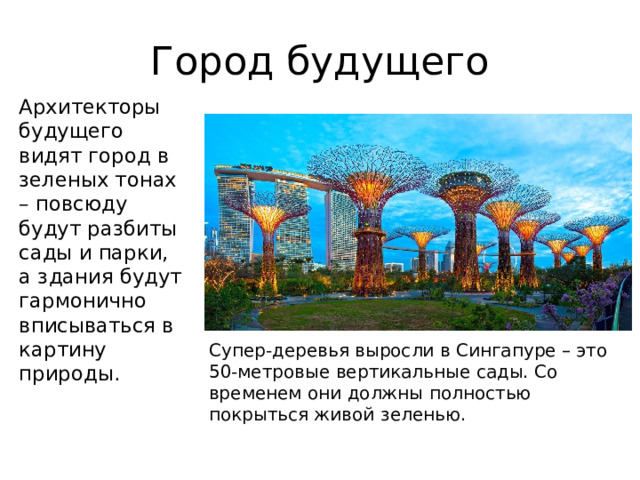 Город будущего Архитекторы будущего видят город в зеленых тонах – повсюду будут разбиты сады и парки, а здания будут гармонично вписываться в картину природы. Супер-деревья выросли в Сингапуре – это 50-метровые вертикальные сады. Со временем они должны полностью покрыться живой зеленью.  