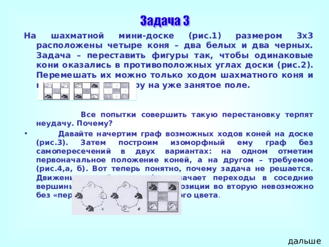 На шахматной мини-доске (рис.1) размером 3х3 расположены четыре коня – два белых и два черных. Задача – переставить фигуры так, чтобы одинаковые кони оказались в противоположных углах доски (рис. 2 ). Перемешать их можно только ходом шахматного коня и нельзя ставить фигуру на уже занятое поле.   Все попытки совершить такую перестановку терпят неудачу. Почему?  Давайте начертим граф возможных ходов коней на доске (рис. 3 ). Затем построим изоморфный ему граф без самопересечений в двух вариантах: на одном отметим первоначальное положение коней, а на другом – требуемое (рис. 4 ,а, б). Вот теперь понятно, почему задача не решается. Движение коней по графу означает переходы в соседние вершины, и перейти из первой позиции во вторую невозможно без «перескока» через коня другого  цвета . дальше 