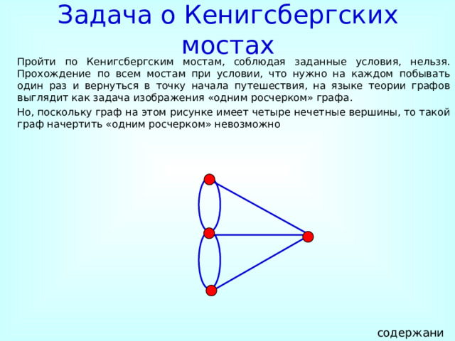 Задача о Кенигсбергских мостах Пройти по Кенигсбергским мостам, соблюдая заданные условия, нельзя. Прохождение по всем мостам при условии, что нужно на каждом побывать один раз и вернуться в точку начала путешествия, на языке теории графов выглядит как задача изображения «одним росчерком» графа. Но, поскольку граф на этом рисунке имеет четыре нечетные вершины, то такой граф начертить «одним росчерком» невозможно содержание 