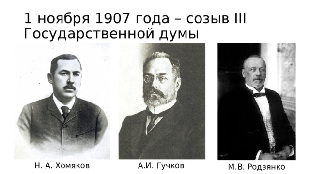 1 ноября 1907 года – созыв III Государственной думы Н. А. Хомяков А.И. Гучков М.В. Родзянко 