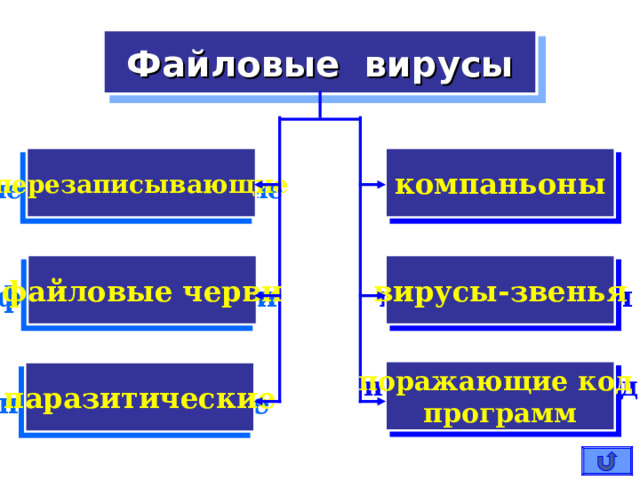 ФАЙЛОВЫЕ ВИРУСЫ  Внедряются в программы и активизируются при их запуске. После запуска заражённой программой могут заражать другие файлы до момента выключения компьютера или перезагрузки операционной системы. 