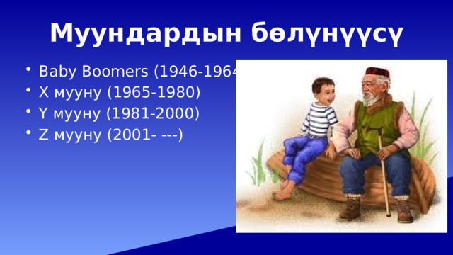 Муундардын бөлүнүүсү Baby Boomers (1946-1964) Х мууну (1965-1980) Ү мууну (1981-2000) Z мууну (2001- ---) 