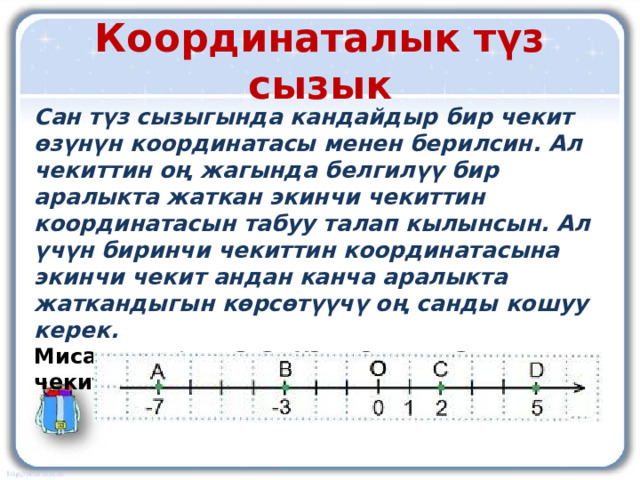 Координаталык түз сызык Сан түз сызыгында кандайдыр бир чекит өзүнүн координатасы менен берилсин. Ал чекиттин оң жагында белгилүү бир аралыкта жаткан экинчи чекиттин координатасын табуу талап кылынсын. Ал үчүн биринчи чекиттин координатасына экинчи чекит андан канча аралыкта жаткандыгын көрсөтүүчү оң санды кошуу керек. Мисал: координата туз сызыгында чекиттерди белгилегиле. А(-7), В(-3), С(2), D (5). 