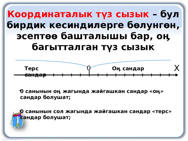 Координаталык түз сызык – бул бирдик кесиндилерге бөлунгөн, эсептөө башталышы бар, оӊ багытталган түз сызык Х 0 Оӊ сандар Терс сандар 0 санынын оӊ жагында жайгашкан сандар «оӊ» сандар болушат;  0 санынын сол жагында жайгашкан сандар «терс» сандар болушат; 