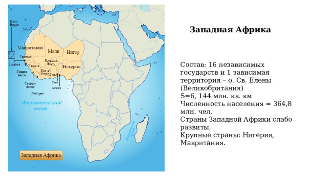 Западная Африка Состав: 16 независимых государств и 1 зависимая территория – о. Св. Елены (Великобритания) S=6, 144 млн. кв. км Численность населения = 364,8 млн. чел. Страны Западной Африки слабо развиты. Крупные страны: Нигерия, Мавритания. 