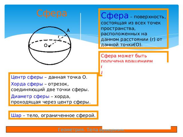 Сфера Сфера – поверхность, состоящая из всех точек пространства, расположенных на данном расстоянии (r) от данной точки(О). Сфера может быть получена вращением полуокружности вокруг диаметра. Центр сферы – данная точка О. Хорда сферы – отрезок, соединяющий две точки сферы. Диаметр сферы – хорда, проходящая через центр сферы. Шар – тело, ограниченное сферой. Геометрия. Тела вращения. 