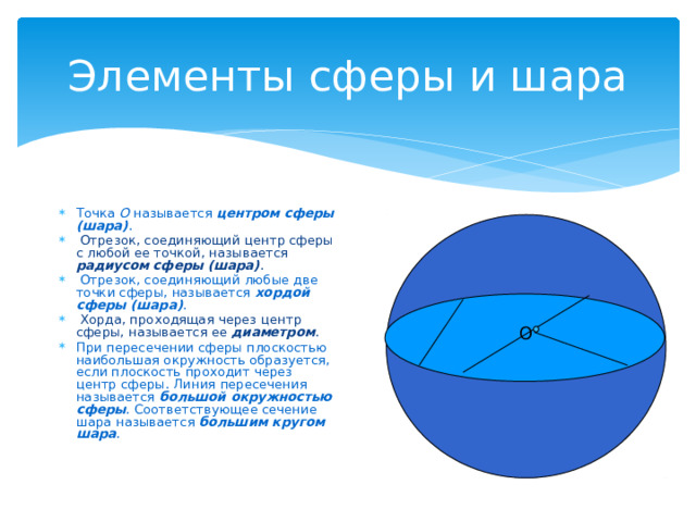 Элементы сферы и шара Точка O называется центром сферы (шара) .  Отрезок, соединяющий центр сферы с любой ее точкой, называется радиусом сферы (шара) .  Отрезок, соединяющий любые две точки сферы, называется хордой сферы (шара) .  Хорда, проходящая через центр сферы, называется ее диаметром . При пересечении сферы плоскостью наибольшая окружность образуется, если плоскость проходит через центр сферы. Линия пересечения называется большой окружностью сферы . Соответствующее сечение шара называется большим кругом шара . O 