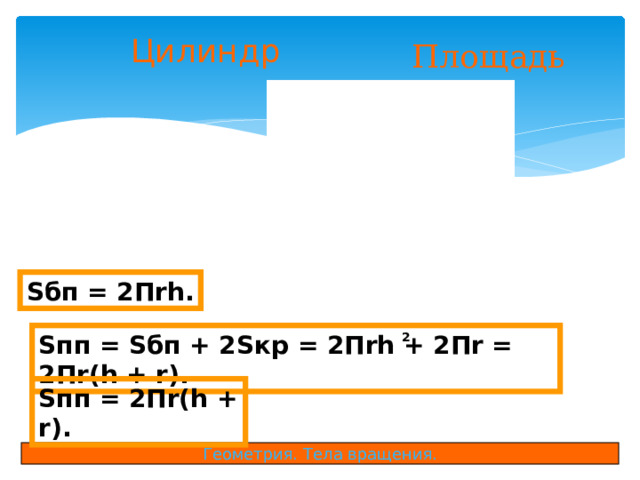Цилиндр Площадь Sбп = 2Пrh. Sпп = Sбп + 2Sкр = 2Пrh + 2Пr = 2Пr(h + r). 2 Sпп = 2Пr(h + r). Геометрия. Тела вращения. 