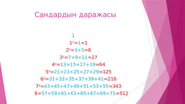Сандардын даражасы  1   1 3 = 1 =1  2 3 = 3+5 =8  3 3 = 7+9+11 =27  4 3 = 13+15+17+19 =64  5 3 = 21+23+25+27+29 =125  6 3 = 31+33+35+37+39+41 =216  7 3 = 43+45+47+49+51+53+55 =343  8= 57+59+61+63+65+67+69+71 =512 