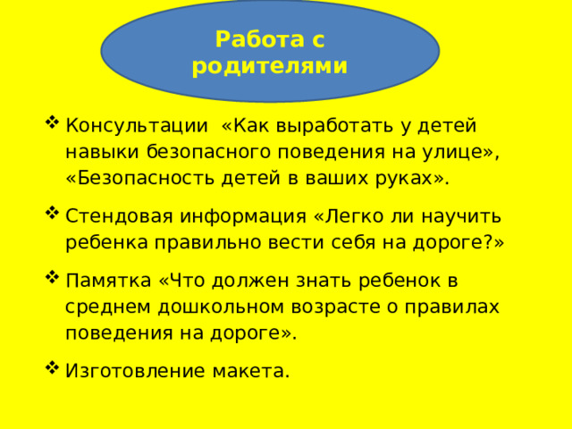 Работа с родителями Консультации «Как выработать у детей навыки безопасного поведения на улице», «Безопасность детей в ваших руках». Стендовая информация «Легко ли научить ребенка правильно вести себя на дороге?» Памятка «Что должен знать ребенок в среднем дошкольном возрасте о правилах поведения на дороге». Изготовление макета. 