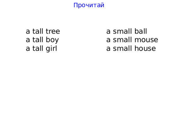 Прочитай a tall tree a small ball a tall boy a small mouse a tall girl a small house 
