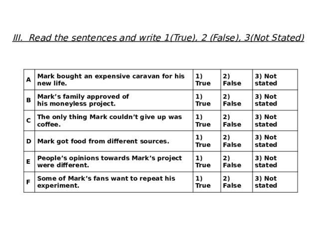 III. Read the sentences and write 1(True), 2 (False), 3(Not Stated) A Mark bought an expensive caravan for his new life. B 1) True C Mark’s family approved of his moneyless project. 2) False The only thing Mark couldn’t give up was coffee. D 1) True Mark got food from different sources. 2) False 3) Not stated E 1) True 2) False People’s opinions towards Mark’s project were different. 1) True F 3) Not stated 3) Not stated 2) False 1) True Some of Mark’s fans want to repeat his experiment. 2) False 3) Not stated 1) True 3) Not stated 2) False 3) Not stated 