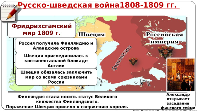 Русско-шведская война1808-1809 гг. Фридрихсгамский мир 1809 г. Россия получила Финляндию и Аландские острова Швеция присоединилась к континентальной блокаде Англии Швеция обязалась заключить мир со всеми союзниками России Александр открывает заседание финского сейма Финляндия стала носить статус Великого княжества Финляндского. Поражение Швеции привело к свержению короля. Автор: Михайлова Н.М.- преподаватель МАОУ «Лицей № 21» 