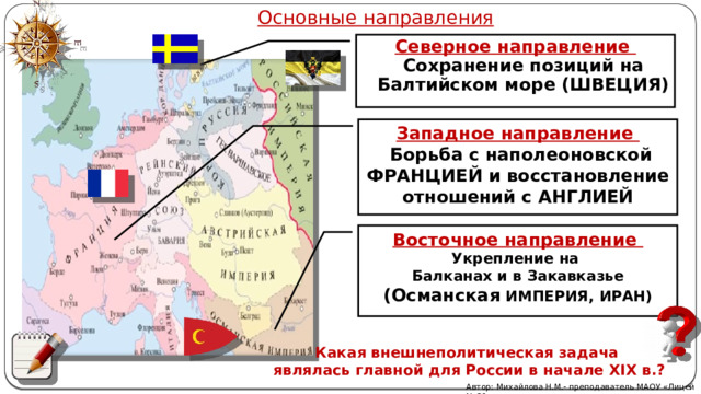 Основные направления Северное направление Сохранение позиций на Балтийском море (ШВЕЦИЯ) Западное направление  Борьба с наполеоновской ФРАНЦИЕЙ и восстановление отношений с АНГЛИЕЙ Восточное направление Укрепление на Балканах и в Закавказье (Османская ИМПЕРИЯ, ИРАН) Какая внешнеполитическая задача  являлась главной для России в начале XIX в.? Автор: Михайлова Н.М.- преподаватель МАОУ «Лицей № 21» 