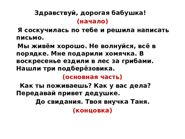 Здравствуй, дорогая бабушка! (начало)  Я соскучилась по тебе и решила написать письмо.  Мы живём хорошо. Не волнуйся, всё в порядке. Мне подарили хомячка. В воскресенье ездили в лес за грибами. Нашли три подберёзовика. (основная часть)  Как ты поживаешь? Как у вас дела? Передавай привет дедушке. До свидания. Твоя внучка Таня. (концовка)   