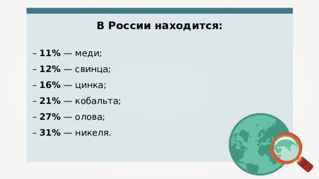 В России находится: – 11% — меди; – 12% — свинца; – 16% — цинка; – 21% — кобальта; – 27% — олова; – 31% — никеля. 