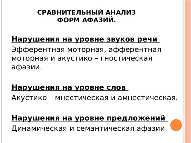  Сравнительный анализ  форм афазий. Нарушения на уровне звуков речи Эфферентная моторная, афферентная моторная и акустико – гностическая афазии. Нарушения на уровне слов Акустико – мнестическая и амнестическая. Нарушения на уровне предложений Динамическая и семантическая афазии 