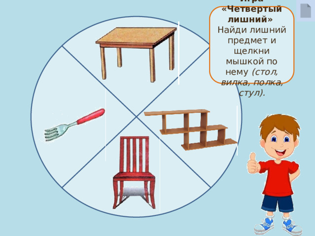 Игра «Четвертый лишний» Найди лишний предмет и щелкни мышкой по нему (стол, вилка, полка, стул). 