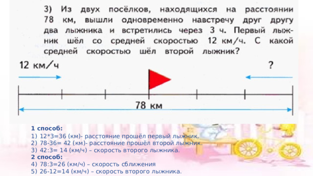1 способ: 12*3=36 (км)- расстояние прошёл первый лыжник. 78-36= 42 (км)- расстояние прошёл второй лыжник. 42:3= 14 (км/ч) – скорость второго лыжника. 2 способ: 78:3=26 (км/ч) – скорость сближения 26-12=14 (км/ч) – скорость второго лыжника. 