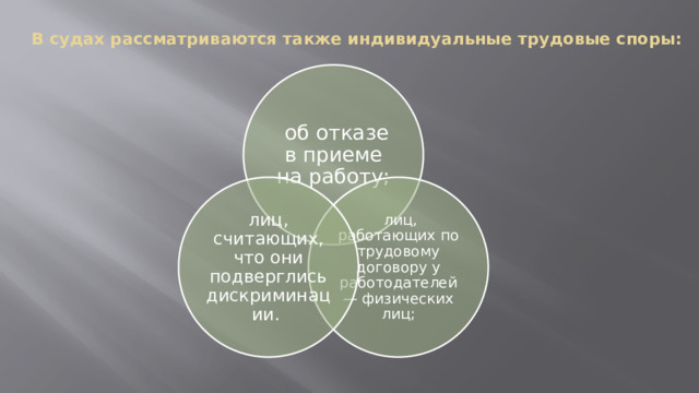 В судах рассматриваются также индивидуальные трудовые споры:    об отказе в приеме на работу;  лиц, работающих по трудовому договору у работодателей — физических лиц; лиц, считающих, что они подверглись дискриминации. 