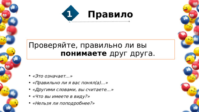 12 Правило  Проверяйте, правильно ли вы понимаете друг друга. «Это означает…» «Правильно ли я вас понял(а)…» «Другими словами, вы считаете…» «Что вы имеете в виду?» «Нельзя ли поподробнее?» 