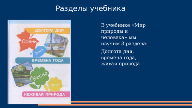 Разделы учебника В учебнике «Мир природы и человека» мы изучим 3 раздела: Долгота дня, времена года, живая природа 