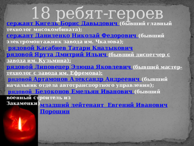 18 ребят-героев  сержант Кигель Борис Давыдович (бывший главный технолог мясокомбината); сержант Даниленко Николай Федорович (бывший электромонтажник завода им. Чкалова);  рядовой Касабиев Татари Кналыкович рядовой Ярута Дмитрий Ильич (бывший диспетчер с завода им. Кузьмина); рядовой Липовецер Элюша Яковлевич (бывший мастер-технолог с завода им, Ефремова);  рядовой Артамонов Александр Андреевич (бывший начальник отдела автотранспортного управления);  рядовой Белоконов Емельян Иванович (бывший военный строитель из Закаменки). младший лейтенант Евгений Иванович Порошин   