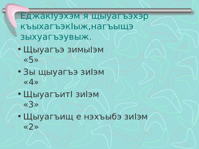 Еджак I уэхэм я щыуагъэхэр къыхагъэк I ыж,нагъыщэ зыхуагъэувыж. Щыуагъэ зимы I эм «5» Зы щыуагъэ зи I эм «4» Щыуагъит I зи I эм «3» Щыуагъищ е нэхъыбэ зи I эм «2»  