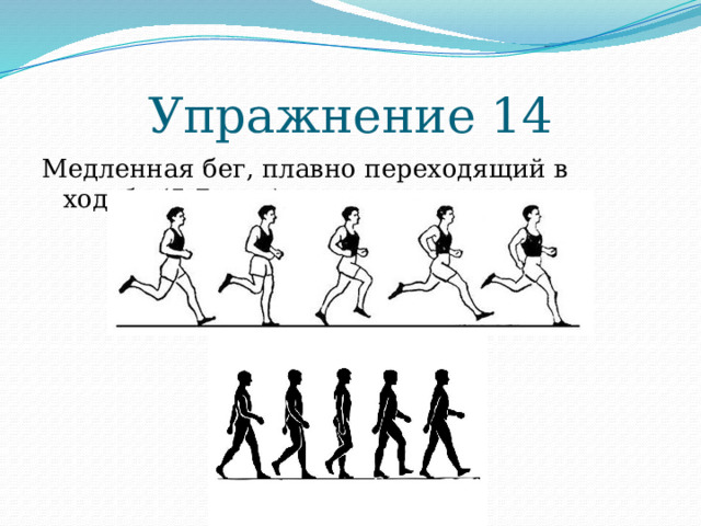 Упражнение 14 Медленная бег, плавно переходящий в ходьбу (5-7 мин) 
