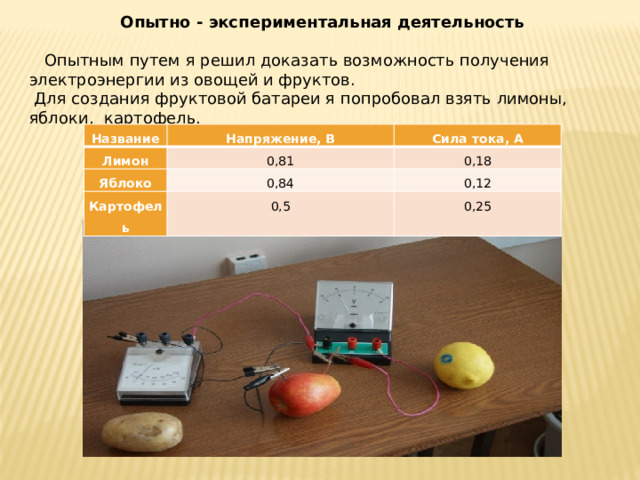 Опытно - экспериментальная деятельность    Опытным путем я решил доказать возможность получения электроэнергии из овощей и фруктов.  Для создания фруктовой батареи я попробовал взять лимоны, яблоки, картофель. Название Напряжение, В Лимон Сила тока, А 0,81 Яблоко 0,84 0,18 Картофель 0,12 0,5 0,25 