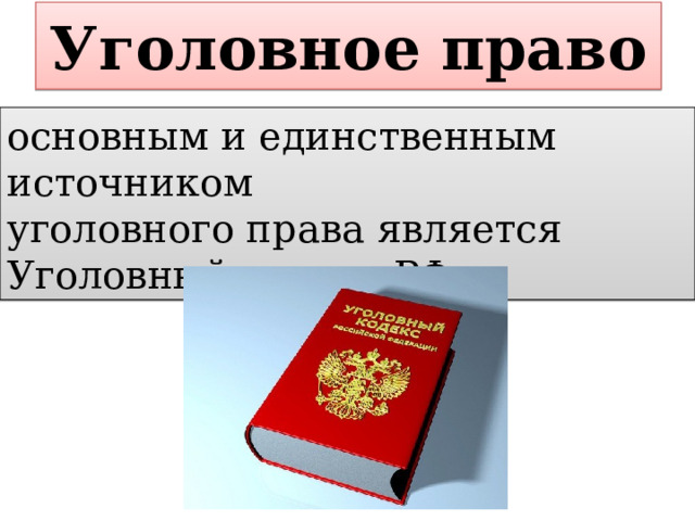 Уголовное право основным и единственным источником уголовного права является Уголовный кодекс РФ. 