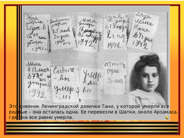 Это дневник Ленинградской девочки Тани, у которой умерли все родные – она осталась одна. Ее перевезли в Шатки, около Арзамаса, где она все равно умерла. 