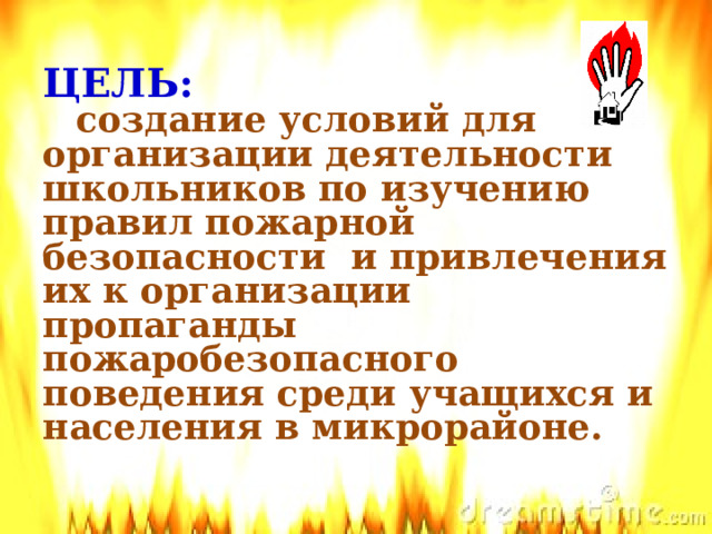 ЦЕЛЬ:   создание условий для организации деятельности школьников по изучению правил пожарной безопасности и привлечения их к организации пропаганды пожаробезопасного поведения среди учащихся и населения в микрорайоне.     