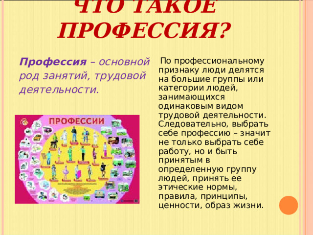 ЧТО ТАКОЕ ПРОФЕССИЯ?   Профессия – основной род занятий, трудовой деятельности.   По профессиональному признаку люди делятся на большие группы или категории людей , занимающихся одинаковым видом трудовой деятельности . Следовательно , выбрать себе профессию – значит не только выбрать себе работу , но и быть принятым в определенную группу людей , принять ее этические нормы , правила , принципы , ценности , образ жизни . 