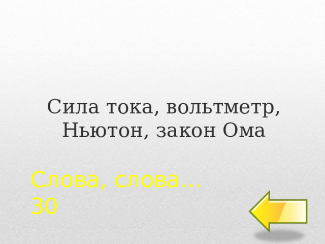 Сила тока, вольтметр, Ньютон, закон Ома Слова, слова…  30 2 