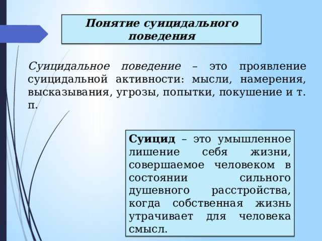 Понятие суицидального поведения Суицидальное поведение – это проявление суицидальной активности: мысли, намерения, высказывания, угрозы, попытки, покушение и т. п. Суицид – это умышленное лишение себя жизни, совершаемое человеком в состоянии сильного душевного расстройства, когда собственная жизнь утрачивает для человека смысл. 