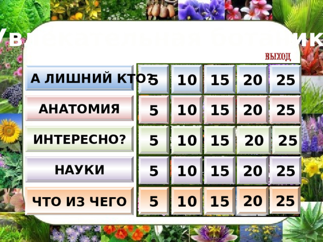 Увлекательная ботаника 20 А Лишний Кто? 5 25 15 10 25 20 15 10 АНАТОМИЯ 5 5 ИНТЕРЕСНО? 25 15 20 10 25 20 15 10 5 НАУКИ 20 25 15 ЧТО ИЗ ЧЕГО 10 5  
