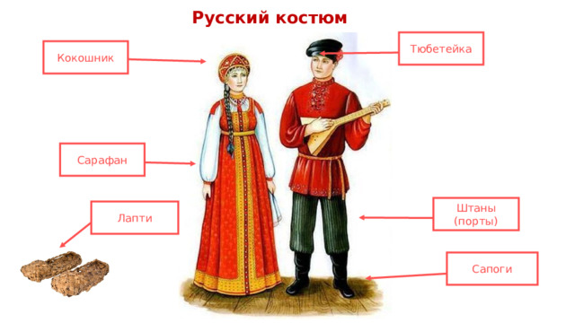 Русский костюм Тюбетейка Кокошник Сарафан Штаны (порты) Лапти Сапоги 