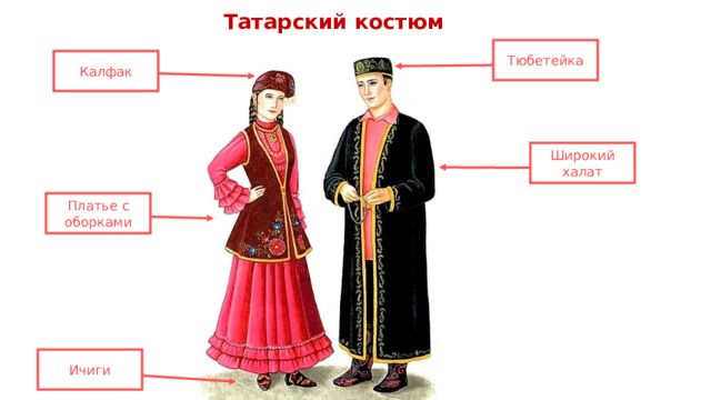Татарский костюм Тюбетейка Калфак Широкий халат Платье с оборками Ичиги 