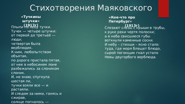 Стихотворения Маяковского «Тучкины штучки» (1917г) «Кое-что про Петербург» (1913г) Плыли по небу тучки.  Тучек — четыре штучки: от первой до третьей — люди;  четвертая была верблюдик. К ним, любопытством объятая,  по дороге пристала пятая, от нее в небосинем лоне  разбежались за слоником слоник. И, не знаю, спугнула шестая ли,  тучки взяли все — и растаяли. И следом за ними, гонясь и сжирав,  солнце погналось — желтый жираф. Слезают слезы с крыши в трубы,  к руке реки чертя полоски;  а в неба свисшиеся губы  воткнули каменные соски. И небу – стихши – ясно стало:  туда, где моря блещет блюдо,  сырой погонщик гнал устало  Невы двугорбого верблюда. 