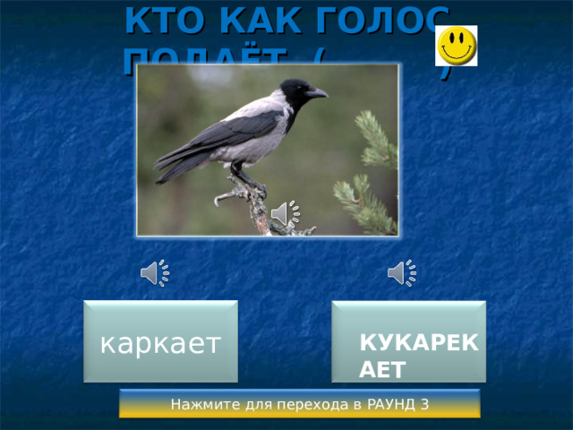 КТО КАК ГОЛОС ПОДАЁТ ( ) каркает  КУКАРЕКАЕТ Нажмите для перехода в РАУНД 3 