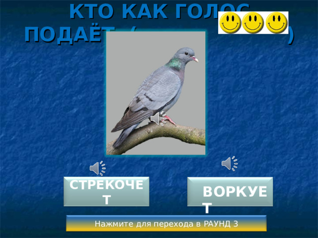 КТО КАК ГОЛОС ПОДАЁТ ( ) СТРЕКОЧЕТ  ВОРКУЕТ Нажмите для перехода в РАУНД 3 
