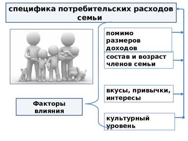 специфика потребительских расходов семьи помимо размеров доходов состав и возраст членов семьи вкусы, привычки, интересы Факторы влияния культурный уровень  