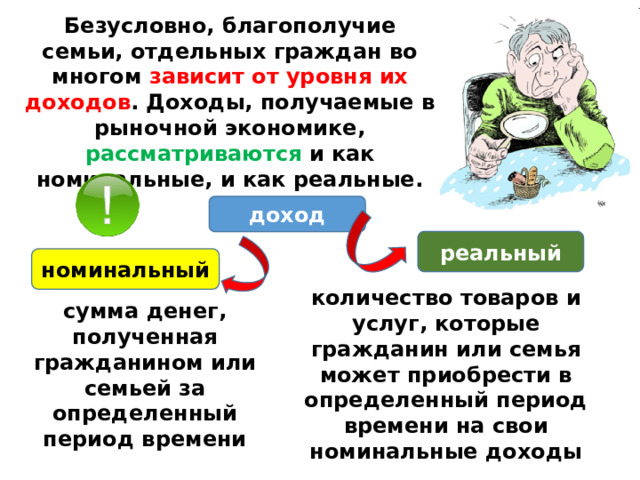 Безусловно, благополучие семьи, отдельных граждан во многом зависит от уровня их доходов . Доходы, получаемые в рыночной экономике, рассматриваются и как номинальные, и как реальные. доход реальный номинальный количество товаров и услуг, которые гражданин или семья может приобрести в определенный период времени на свои номинальные доходы сумма денег, полученная гражданином или семьей за определенный период времени 