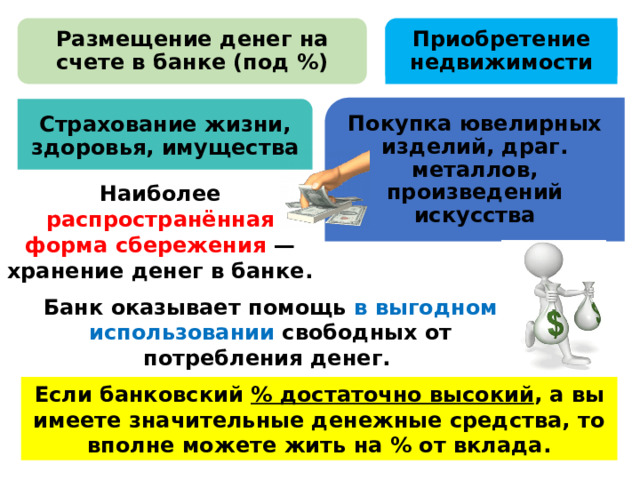 Размещение денег на счете в банке (под %) Приобретение недвижимости Страхование жизни, здоровья, имущества Покупка ювелирных изделий, драг. металлов, произведений искусства Наиболее распространённая форма сбережения — хранение денег в банке. Банк оказывает помощь в выгодном использовании свободных от потребления денег. Если банковский % достаточно высокий , а вы имеете значительные денежные средства, то вполне можете жить на % от вклада. 