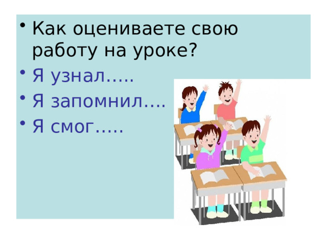 Как оцениваете свою работу на уроке? Я узнал….. Я запомнил…. Я смог….. 