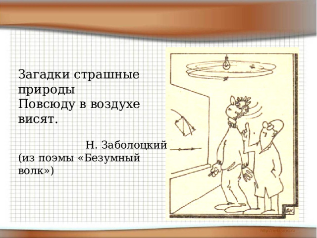 Загадки страшные природы  Повсюду в воздухе висят.   Н. Заболоцкий  (из поэмы «Безумный волк»)   